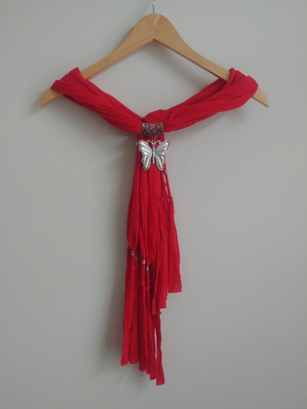 Silver tone butterfly pendant bright red fabric tie up belt